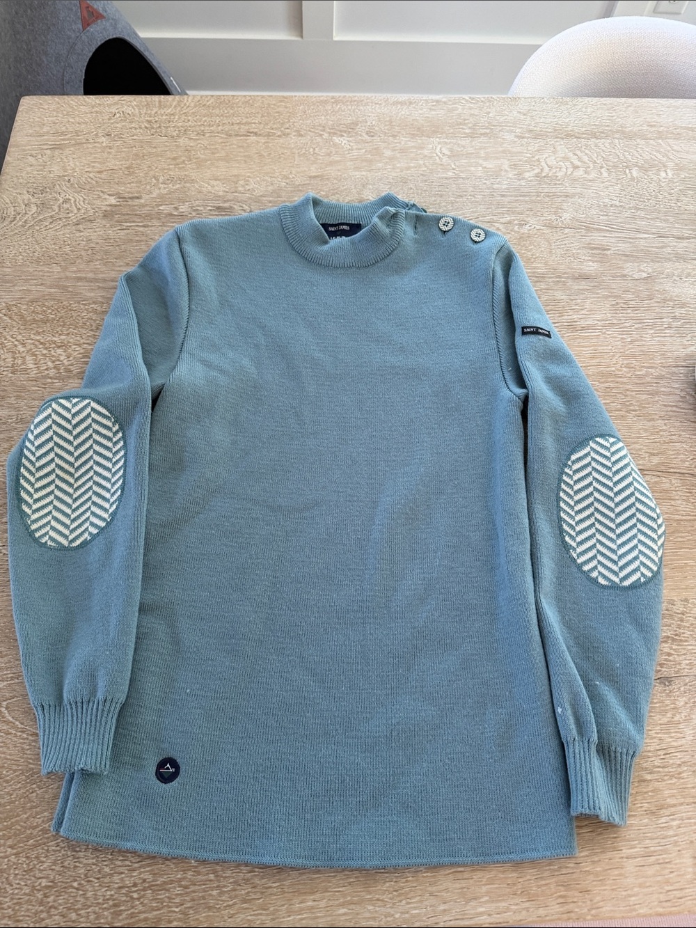 Saint James Women's Crewneck Sweater in Light Blue with Patterned Elbow Patches